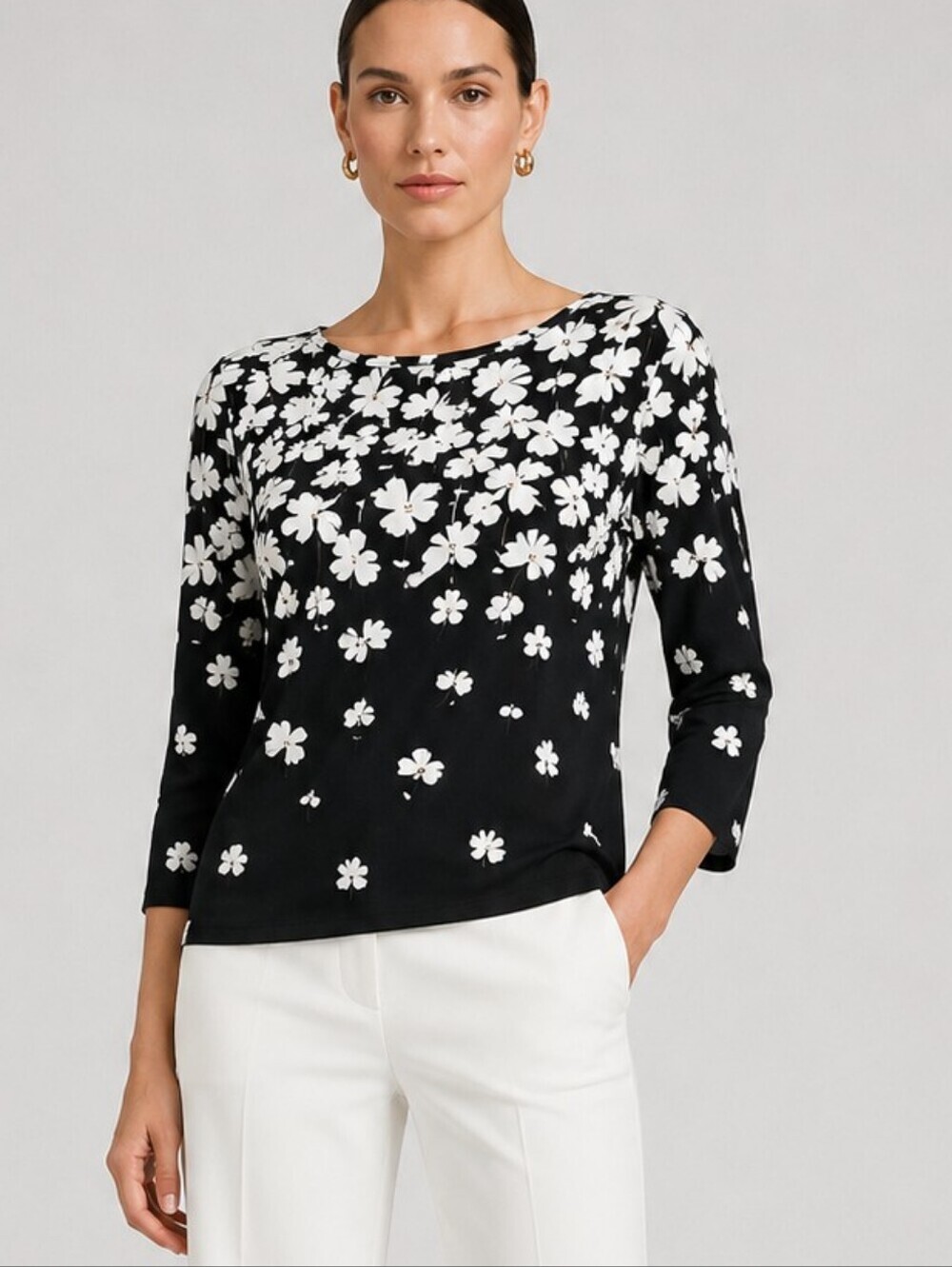 Ann Taylor Floral Long Sleeve Boatneck Navy And White Top